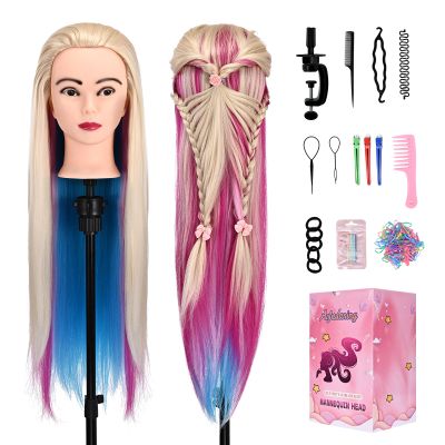 28" Mannequin Head With Hair Cosmetology Manikin Practice Braiding Doll Head For Hair Styling Training Head For Braiding Hairdressing With Free Wig Head Stand Hair Styling Tools Set (multicolour)