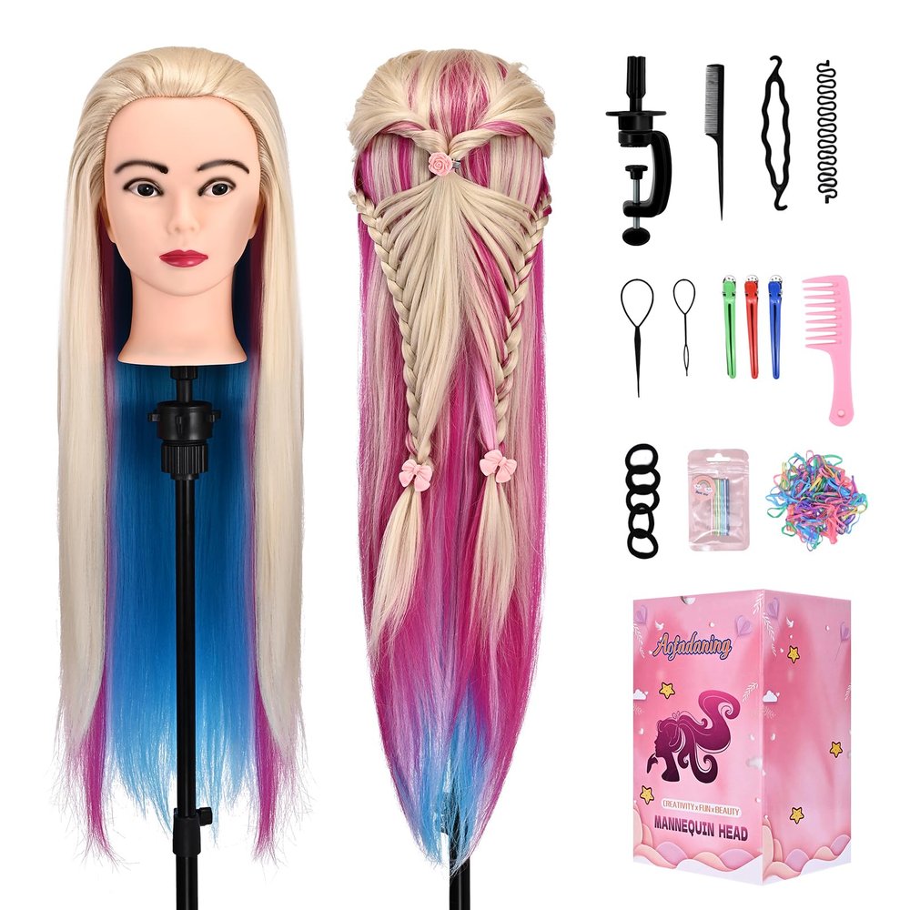 28" Mannequin Head With Hair Cosmetology Manikin Practice Braiding Doll Head For Hair Styling Training Head For Braiding Hairdressing With Free Wig Head Stand Hair Styling Tools Set (multicolour)