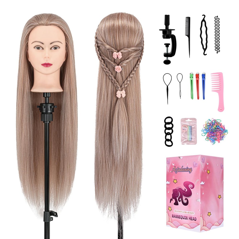 28" Mannequin Head With Hair Cosmetology Manikin Practice Braiding Doll Head For Hair Styling Training Head For Braiding Hairdressing With Free Wig Head Stand Hair Styling Tools Set (light brown)