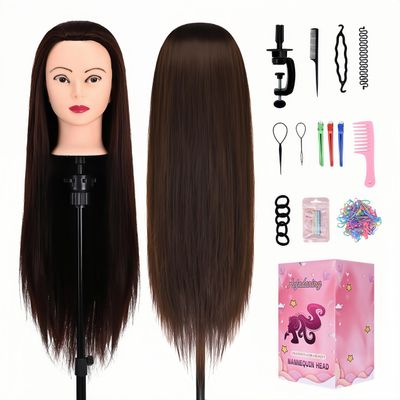 28" Mannequin Head With Hair Cosmetology Manikin Practice Braiding Doll Head For Hair Styling Training Head For Braiding Hairdressing With Free Wig Head Stand Hair Styling Tools Set (Dark brown)