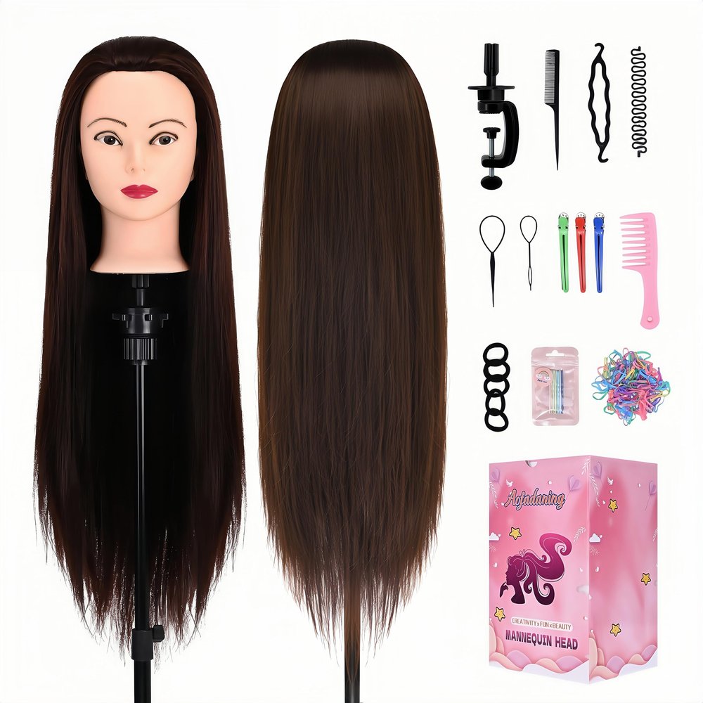 28" Mannequin Head With Hair Cosmetology Manikin Practice Braiding Doll Head For Hair Styling Training Head For Braiding Hairdressing With Free Wig Head Stand Hair Styling Tools Set (Dark brown)