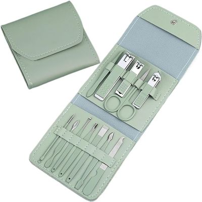 UHKOIXDFGQA Green Nail Clipper Set with Eyebrow Clipper Manicure Tools Folding Bag and Nail Decoration Complete Grooming Kit