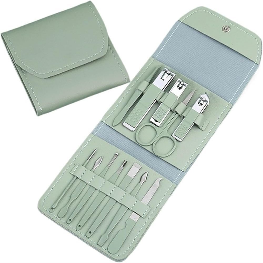 UHKOIXDFGQA Green Nail Clipper Set with Eyebrow Clipper Manicure Tools Folding Bag and Nail Decoration Complete Grooming Kit