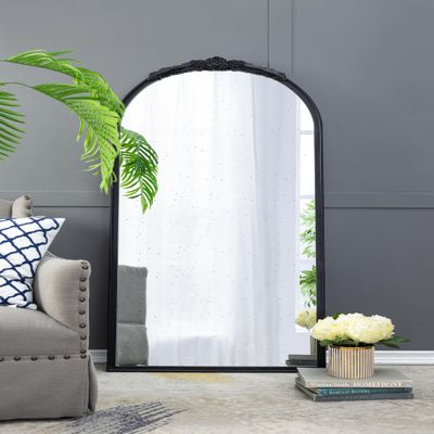 30" x 65" Hand Carved Rose Antique Mirror e, Large Arch Mirror Wall Decor for Living Room, Bathroom, Entryway(Black)
