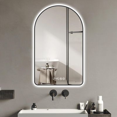 28"x48"Arched LED Mirror for Bathroom,Time and Temperature Display, Backlight, Anti Fog, Dimmable, with Three Color Temperatures Modern Vanity Light Mirror, Perfect for Over Sink,Black e