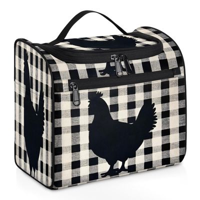 Adornori Chicken Hen Travel Toiletry Bag for Women Large Capacity Wide-open Makeup Organizer Cosmetic Travel Bags for Toiletries, Buffalo Check Plaid
