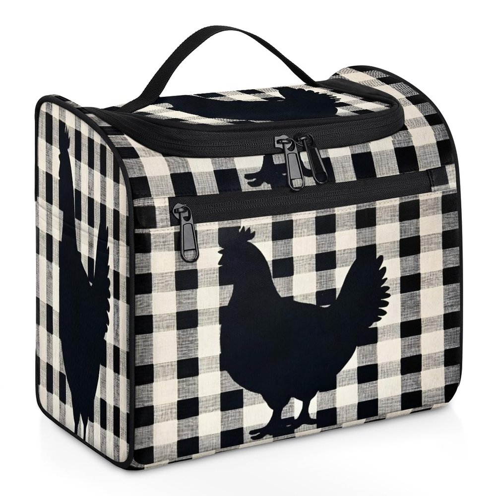 Adornori Chicken Hen Travel Toiletry Bag for Women Large Capacity Wide-open Makeup Organizer Cosmetic Travel Bags for Toiletries, Buffalo Check Plaid
