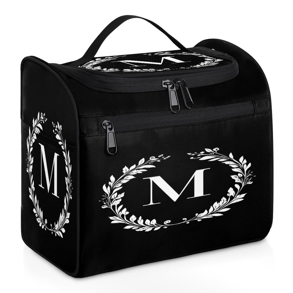 Adornori Letter M Travel Toiletry Bag for Women Large Capacity Wide-open Makeup Organizer Cosmetic Travel Bags for Toiletries, Natural Floral Design