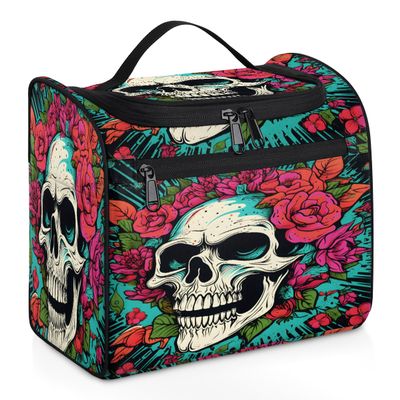 Adornori Sugar Skull Floral Travel Toiletry Bag for Women Large Capacity Wide-open Makeup Organizer Cosmetic Travel Bags for Toiletries