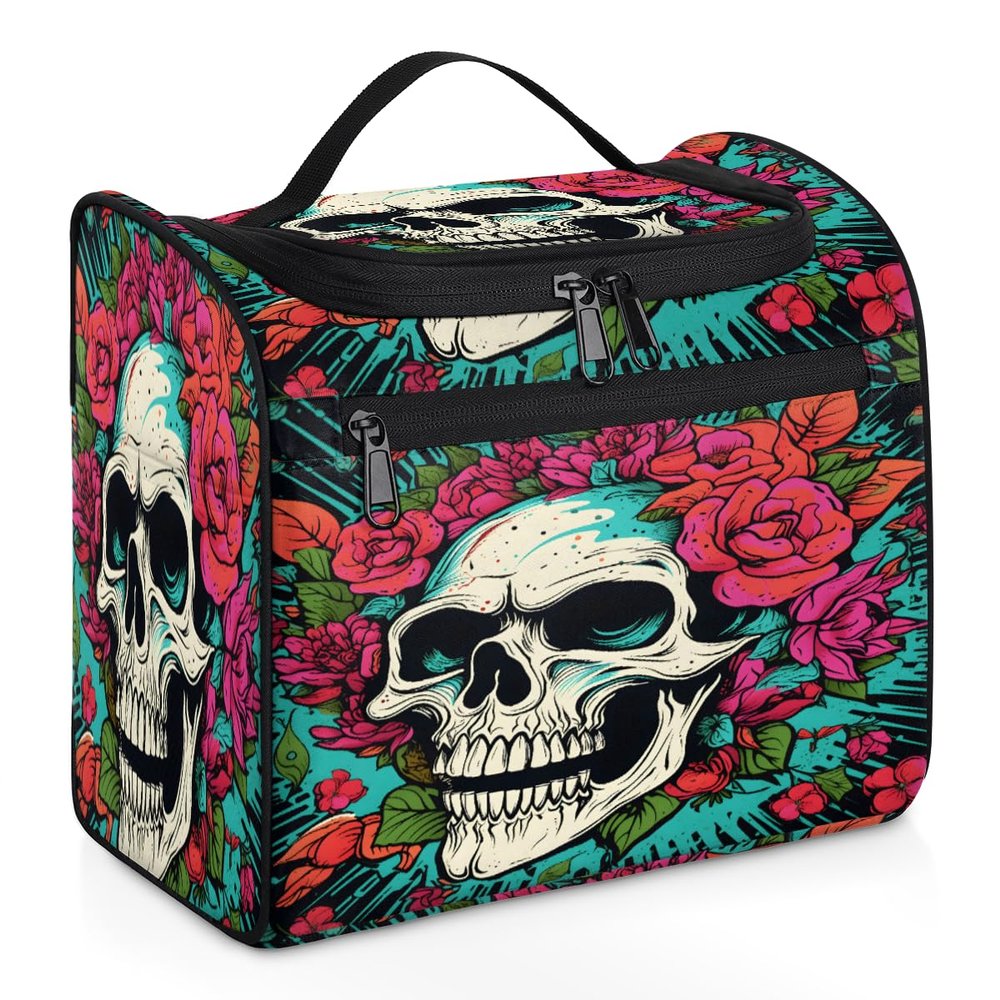 Adornori Sugar Skull Floral Travel Toiletry Bag for Women Large Capacity Wide-open Makeup Organizer Cosmetic Travel Bags for Toiletries
