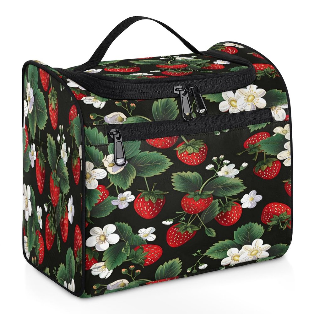 Adornori Cute Strawberry Travel Toiletry Bag for Women Large Capacity Wide-open Makeup Organizer Cosmetic Travel Bags for Toiletries