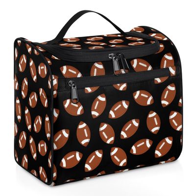 Adornori Football Large Travel Toiletry Bag for Women, Travel Organizer for Toiletries, Waterproof Makeup Cosmetic Bag with Handle, Black