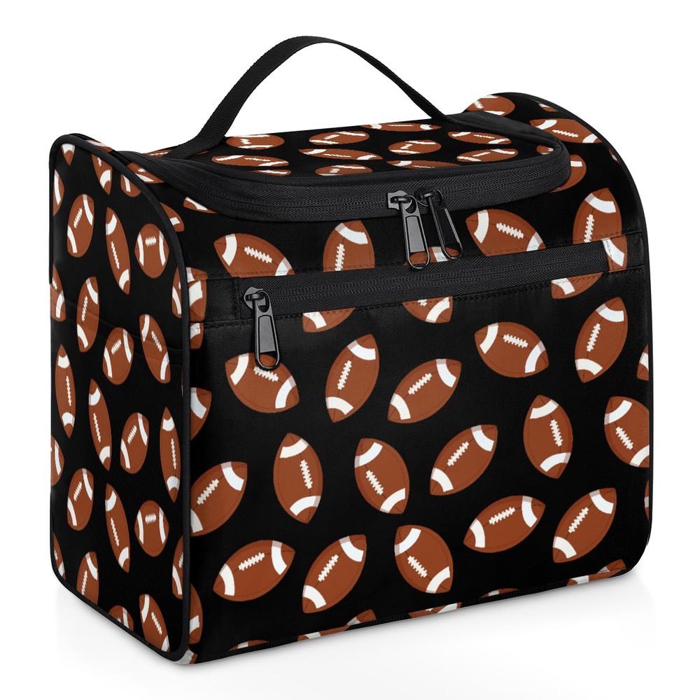 Adornori Football Large Travel Toiletry Bag for Women, Travel Organizer for Toiletries, Waterproof Makeup Cosmetic Bag with Handle, Black