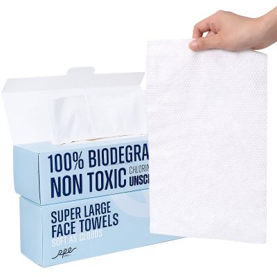 Clean XL Disposable Face Towels 11.8"7.8", 100% Biobased Biodegradable Viscose, Ultra Soft & Hygienic Facial Towelettes for Makeup Removal and Skincare, Safe for All Skin Types, 120 Count, 2 Packs