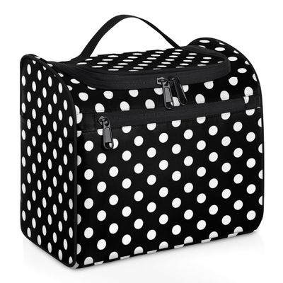 Adornori White and Black Polka Dot Large Travel Toiletry Bag for Women, Travel Organizer for Toiletries, Waterproof Makeup Cosmetic Bag with Handle