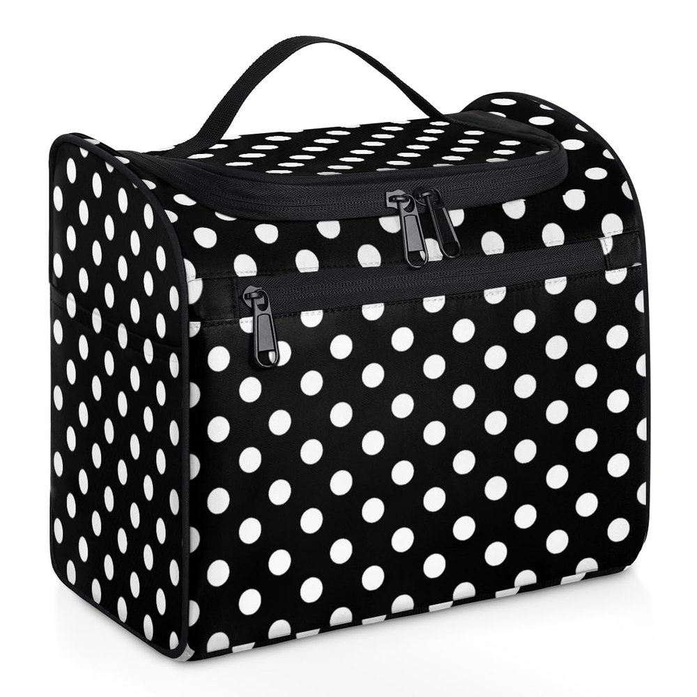 Adornori White and Black Polka Dot Large Travel Toiletry Bag for Women, Travel Organizer for Toiletries, Waterproof Makeup Cosmetic Bag with Handle