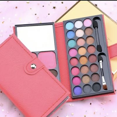 24-Color Eyeshadow Palette with Mirror, Pink Leather Case, Makeup Brushes Included