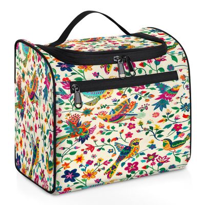 Adornori Colorful Mexican Floral And Bird Travel Toiletry Bag for Men and Women, Large Hanging Makeup Bag Organizer Toiletries Bag for Travel, Cosmetic Bag with Handle