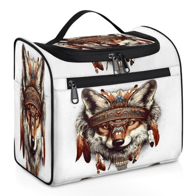 Adornori Boho Wolf Travel Toiletry Bag for Men and Women, Large Hanging Makeup Bag Organizer Toiletries Bag for Travel, Cosmetic Bag with Handle