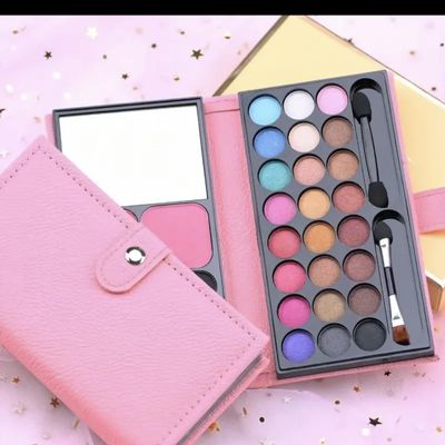 24-Color Eyeshadow Palette with Mirror and Brush, Pink Leather Case, Professional Makeup Kit