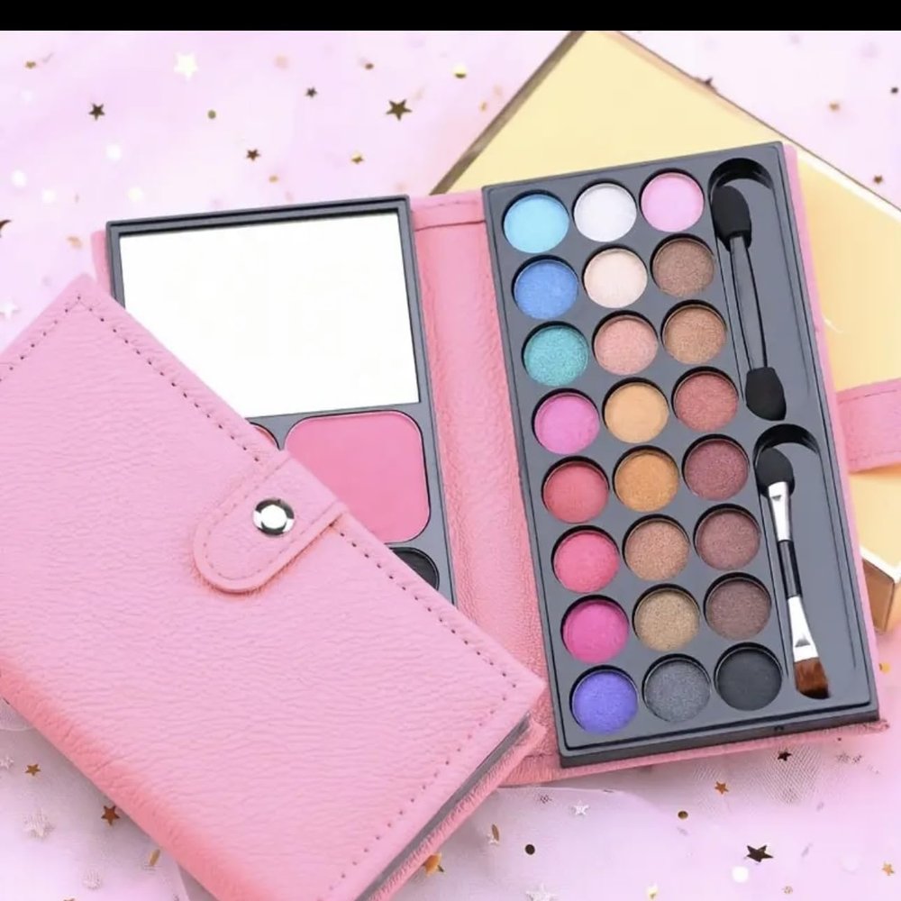 24-Color Eyeshadow Palette with Mirror and Brush, Pink Leather Case, Professional Makeup Kit