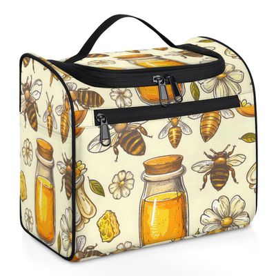 Adornori Bee Flower Travel Toiletry Bag for Men and Women, Large Hanging Makeup Bag Organizer Toiletries Bag for Travel, Cosmetic Bag with Handle