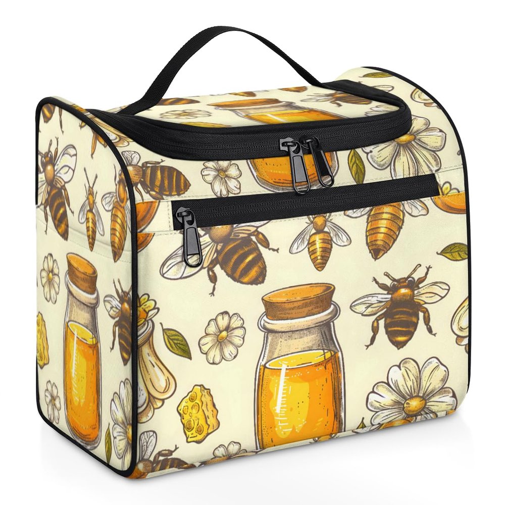 Adornori Bee Flower Travel Toiletry Bag for Men and Women, Large Hanging Makeup Bag Organizer Toiletries Bag for Travel, Cosmetic Bag with Handle