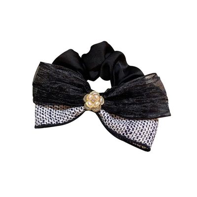 Hair Ties,Scrunchies, Headdress Pearl Camellia Fairy Pleated Gauze Niger Patchwork Color Satin Hair Circle(Black)
