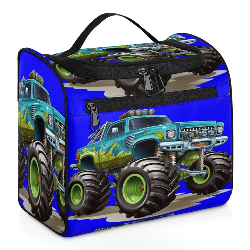 Adornori Cartoon Cool Monster Truck Travel Toiletry Bag for Men and Women, Large Hanging Makeup Bag Organizer Toiletries Bag for Travel, Cosmetic Bag with Handle