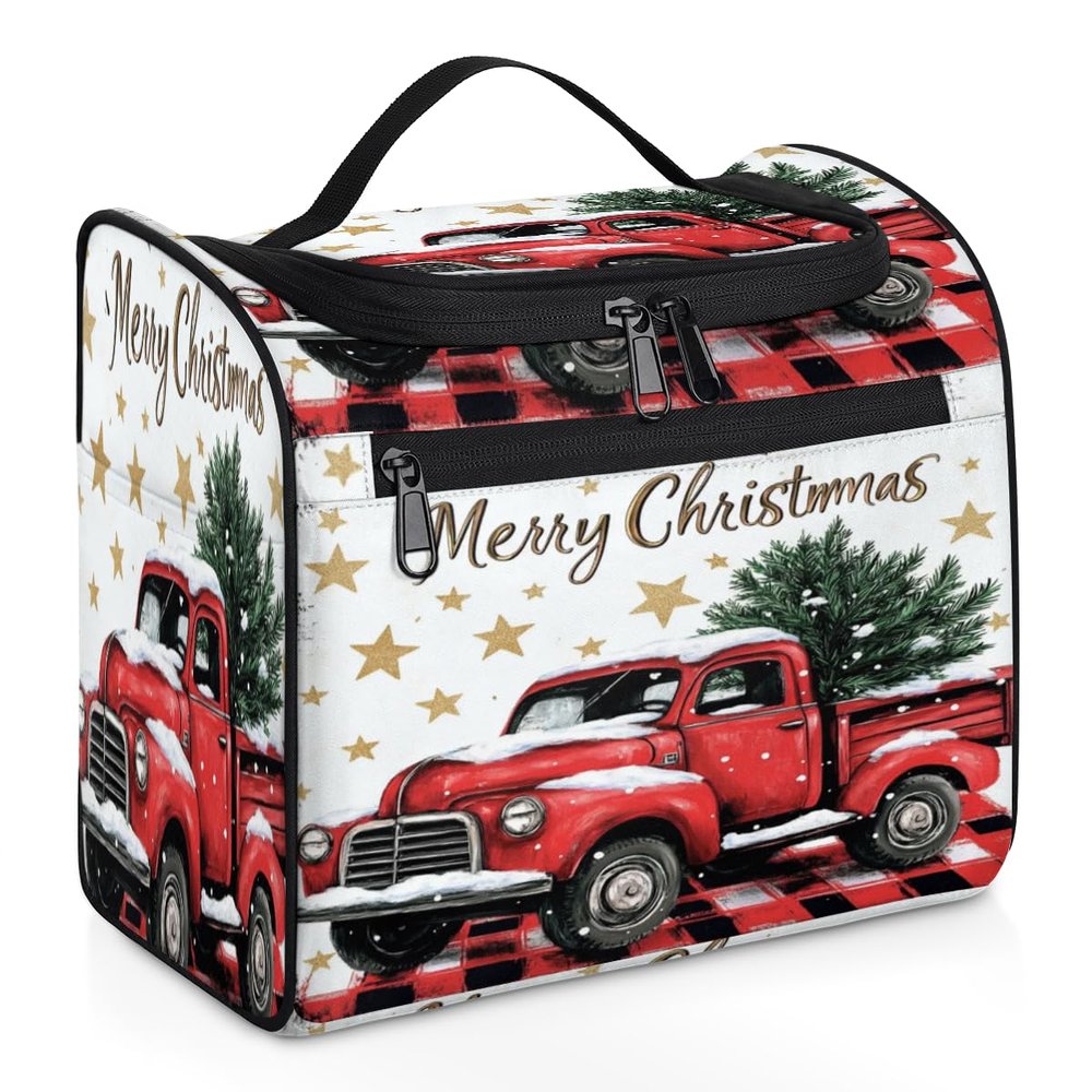 Adornori Christmas Buffalo Plaid With Red Truck Travel Toiletry Bag for Men and Women, Large Hanging Makeup Bag Organizer Toiletries Bag for Travel, Cosmetic Bag with Handle