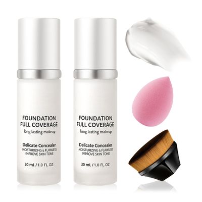 2PCS Color Changing Foundation,Full Coverage Flawless Non-greasy Liquid Foundation Set with Makeup Brush and Makeup Sponge,Suitable for All Skin Types E