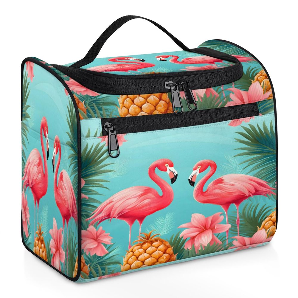Adornori Flamingo Tropical Leaves Travel Toiletry Bag for Men and Women, Large Hanging Makeup Bag Organizer Toiletries Bag for Travel, Cosmetic Bag with Handle