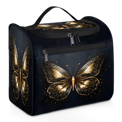 Adornori Gold Butterfly Travel Toiletry Bag for Men and Women, Large Hanging Makeup Bag Organizer Toiletries Bag for Travel, Cosmetic Bag with Handle