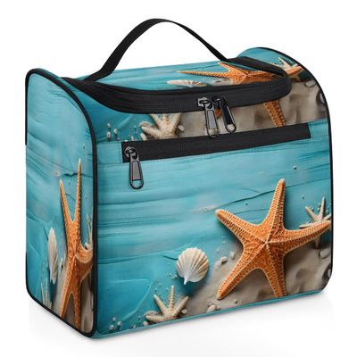 Adornori Starfish Seashell Coral Beach Themed Travel Toiletry Bag for Men and Women, Large Hanging Makeup Bag Organizer Toiletries Bag for Travel, Cosmetic Bag with Handle