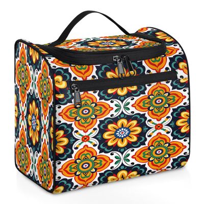 Adornori Mexican Art Flowers Travel Toiletry Bag for Men and Women, Large Hanging Makeup Bag Organizer Toiletries Bag for Travel, Cosmetic Bag with Handle
