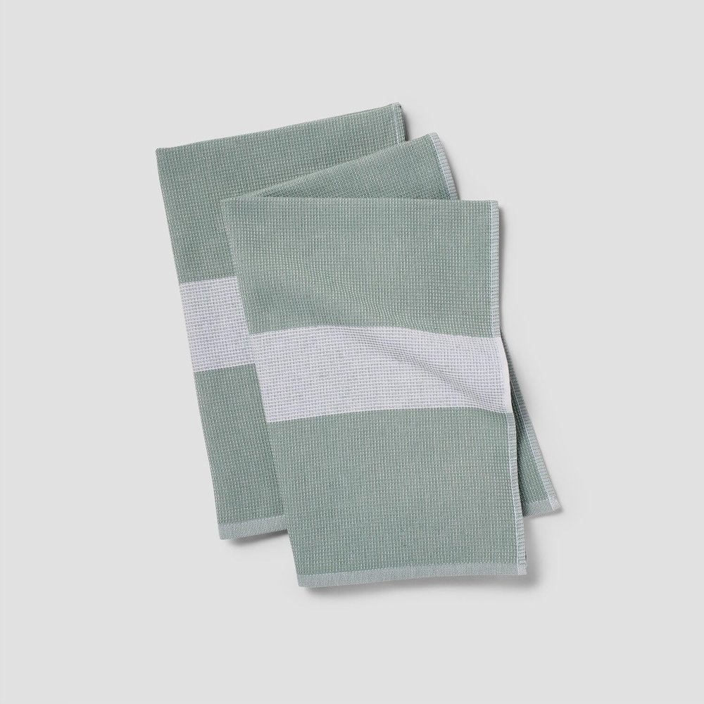 Sur La Table Color Block Waffle Kitchen Towel 30" x 19.5" Dual-Sided Cotton Dish Towel with Quick-Drying Waffle Weave & Ultra-Absorbent Terrycloth Backing, Green