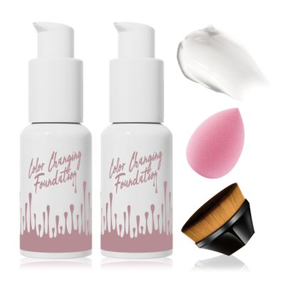 2PCS Color Changing Foundation,Full Coverage Flawless Non-greasy Liquid Foundation Set with Makeup Brush and Makeup Sponge,Suitable for All Skin Types D