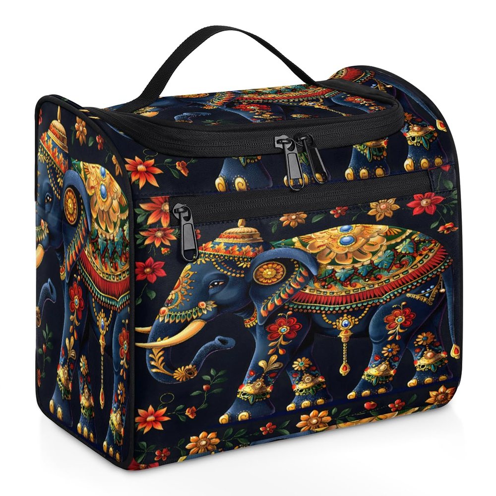 Adornori Elephant Bohemian Floral Travel Toiletry Bag for Men and Women, Large Hanging Makeup Bag Organizer Toiletries Bag for Travel, Cosmetic Bag with Handle