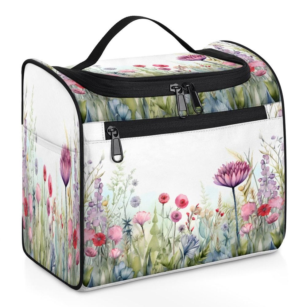 Adornori Wildflowers Botanical Travel Toiletry Bag for Men and Women, Large Hanging Makeup Bag Organizer Toiletries Bag for Travel, Cosmetic Bag with Handle