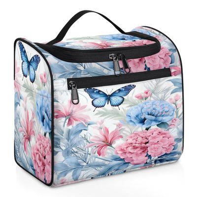 Adornori Flower Butterfly Colorful Floral Travel Toiletry Bag for Men and Women, Large Hanging Makeup Bag Organizer Toiletries Bag for Travel, Cosmetic Bag with Handle