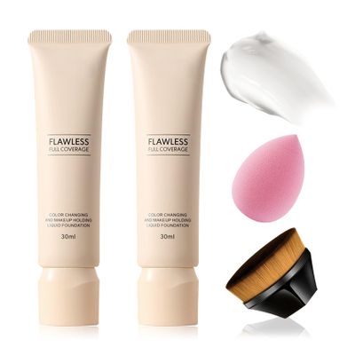 2PCS Color Changing Foundation,Full Coverage Flawless Non-greasy Liquid Foundation Set with Makeup Brush and Makeup Sponge,Suitable for All Skin Types F