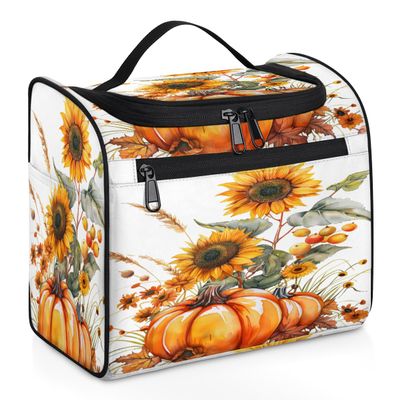 Adornori Pumpkins And Sunflowers Fall Travel Toiletry Bag for Men and Women, Large Hanging Makeup Bag Organizer Toiletries Bag for Travel, Cosmetic Bag with Handle