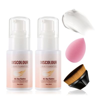 2PCS Color Changing Foundation,Full Coverage Flawless Non-greasy Liquid Foundation Set with Makeup Brush and Makeup Sponge,Suitable for All Skin Types C