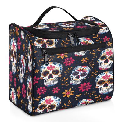 Adornori Sugar Skull Flowers Travel Toiletry Bag for Men and Women, Large Hanging Makeup Bag Organizer Toiletries Bag for Travel, Cosmetic Bag with Handle
