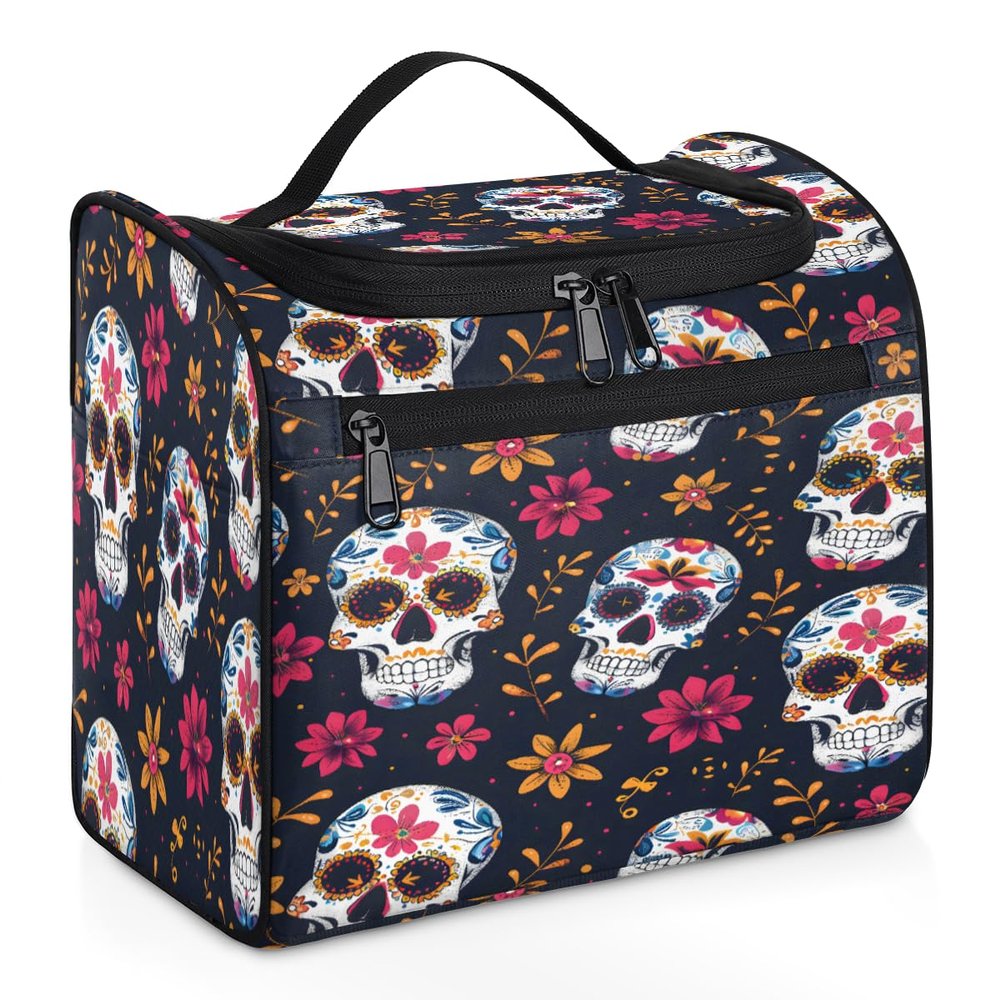 Adornori Sugar Skull Flowers Travel Toiletry Bag for Men and Women, Large Hanging Makeup Bag Organizer Toiletries Bag for Travel, Cosmetic Bag with Handle