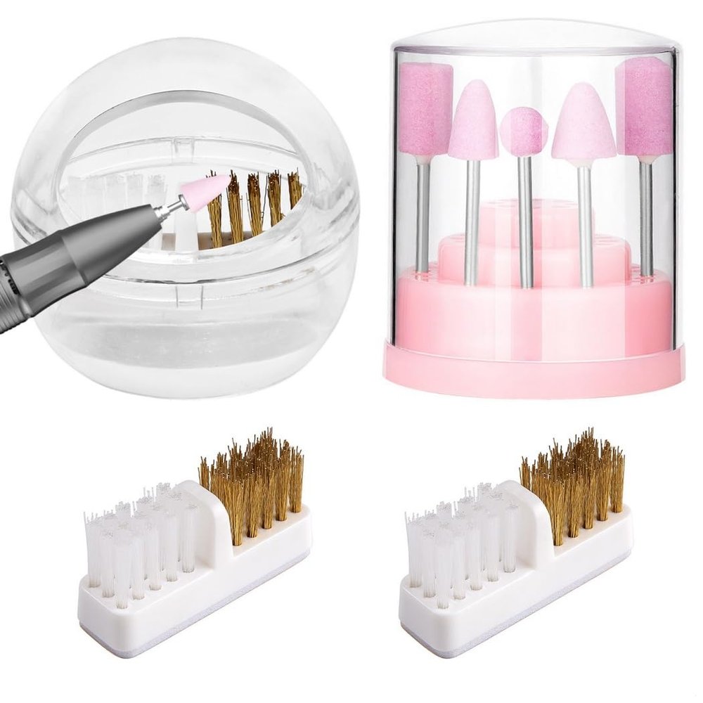 4-Piece Nail Drill Bit Care Kit, Includes 48-Hole Display Stand, Nail Cleaner Case, Nylon & Steel Brushes, 2 Replacement Brushes For Storage And Maintenance