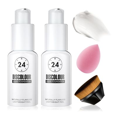 2PCS Color Changing Foundation,Full Coverage Flawless Non-greasy Liquid Foundation Set with Makeup Brush and Makeup Sponge,Suitable for All Skin Types B