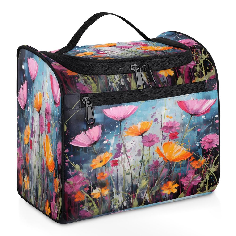 Adornori Pink Yellow Flowers Travel Toiletry Bag for Men and Women, Large Hanging Makeup Bag Organizer Toiletries Bag for Travel, Cosmetic Bag with Handle