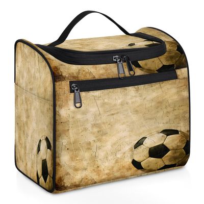 Adornori Vintage Soccer Travel Toiletry Bag for Men and Women, Large Hanging Makeup Bag Organizer Toiletries Bag for Travel, Cosmetic Bag with Handle