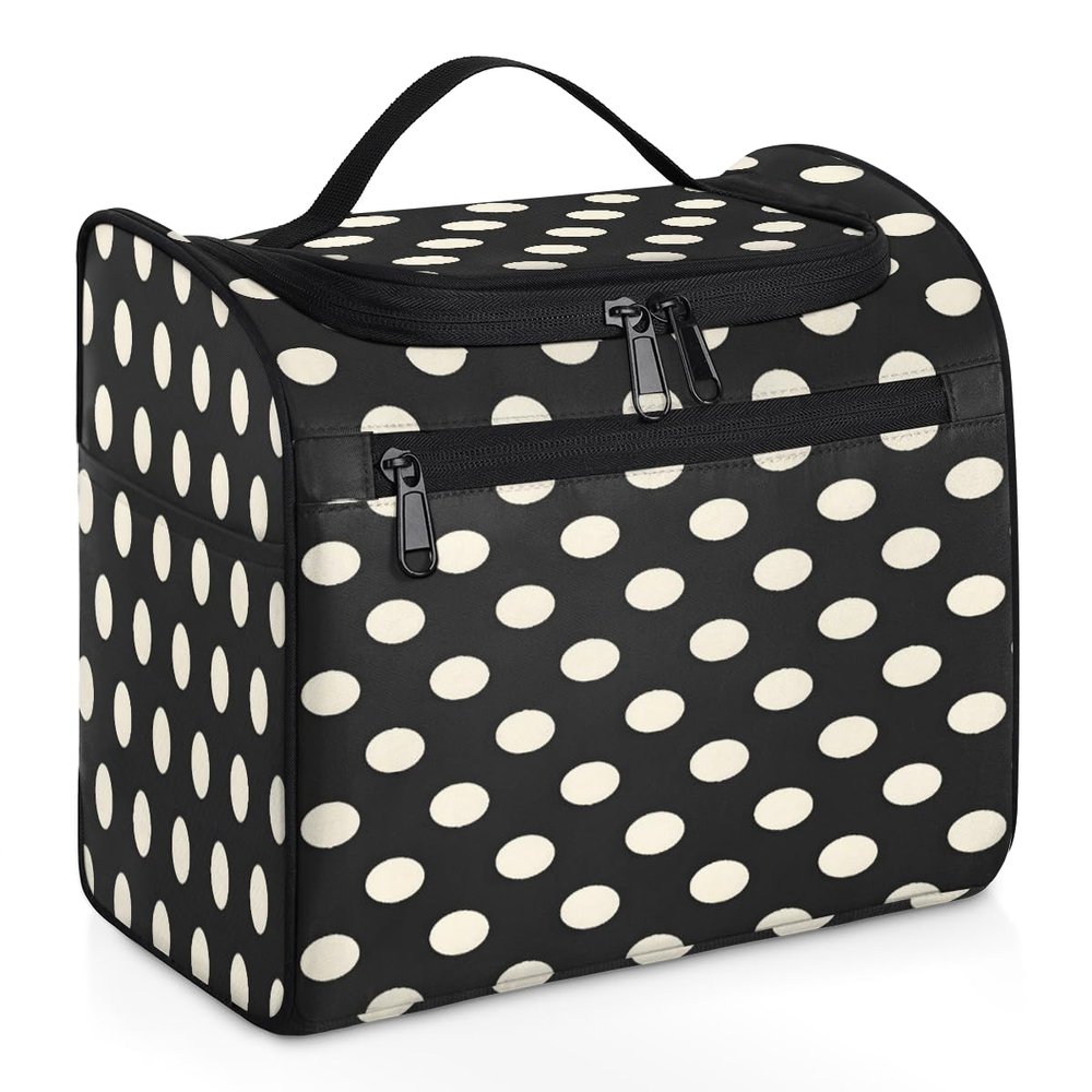 Adornori Polka Dot Black White Travel Toiletry Bag for Men and Women, Large Hanging Makeup Bag Organizer Toiletries Bag for Travel, Cosmetic Bag with Handle